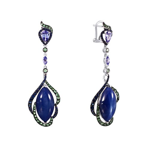 Серьги с сапфирами, танзанитами и цавторитом из белого золота 585 пробы