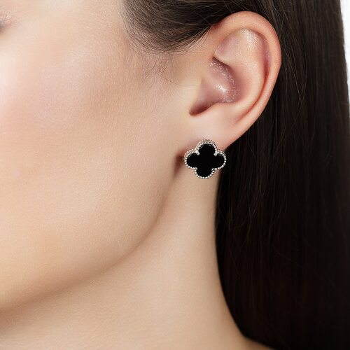 Серьги "Клевер" с ониксом из серебра 925 пробы