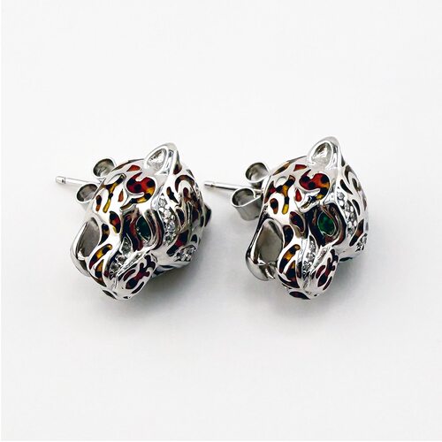 Серьги "Пантеры" с фианитами и эмалью из серебра 925 пробы