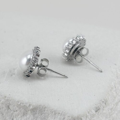 Серьги с жемчугом и фианитами из серебра 925 пробы