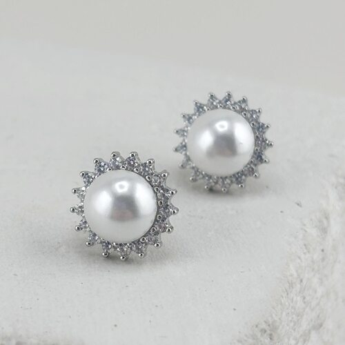 Серьги с жемчугом и фианитами из серебра 925 пробы