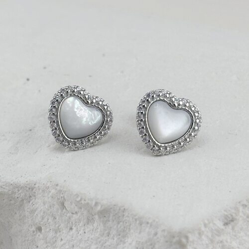 Серьги "Сердца" с перламутром и фианитами из серебра 925 пробы