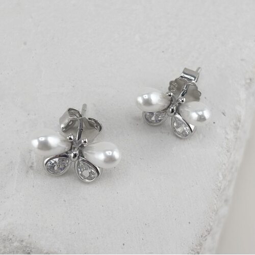 Серьги "Бабочки" с жемчугом и фианитами из серебра 925 пробы