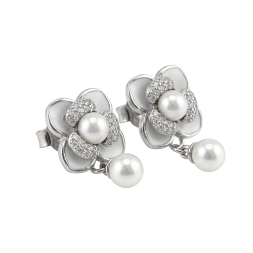 Серьги с жемчугом, фианитами и эмалью из серебра 925 пробы