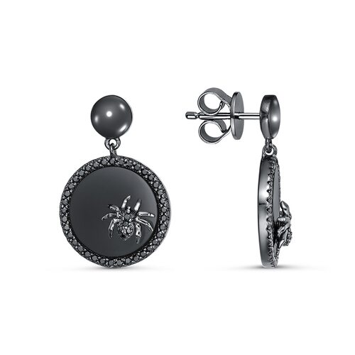 Серьги "Паук" с ониксом и фианитами из серебра 925 пробы