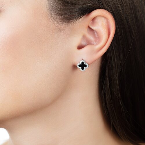 Серьги с фианитом и ониксом из серебра 925 пробы