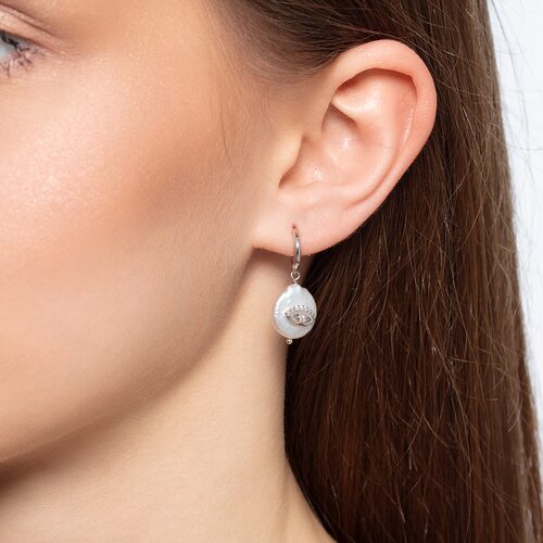 Серьги с фианитами и жемчугом из серебра 925 пробы