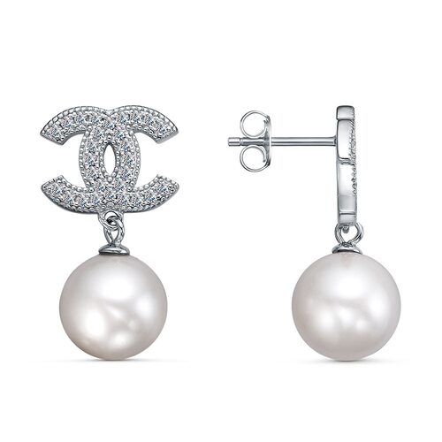 Серьги с жемчугом и фианитами из серебра 925 пробы