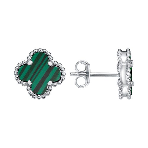 Серьги "Клевера" с малахитом из серебра 925 пробы