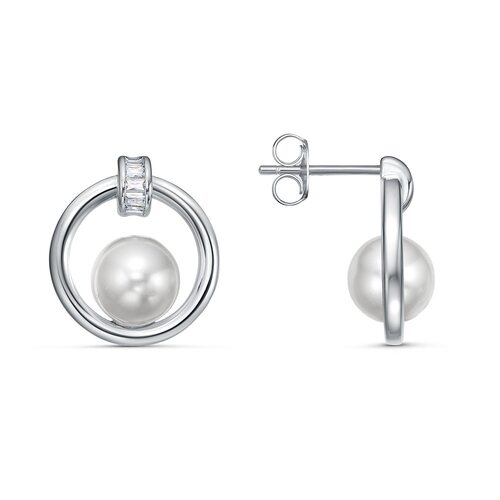 Серьги с жемчугом и фианитами из серебра 925 пробы