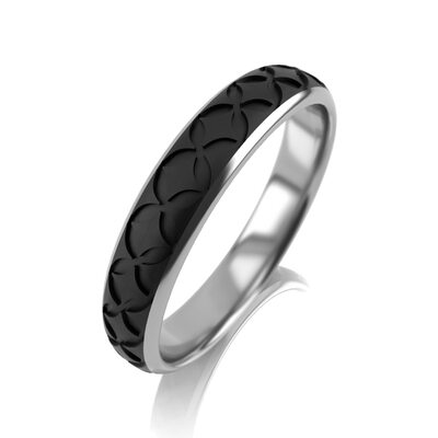 Кольцо обручальное с карбоном из белого золота 585 пробы