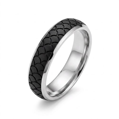 Кольцо обручальное с карбоном из белого золота 585 пробы