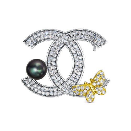 Брошь с жемчугом и фианитами из серебра 925 пробы с позолотой