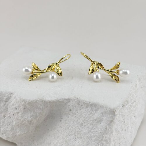 Серьги "Цветы" с жемчугом из серебра 925 пробы с позолотой