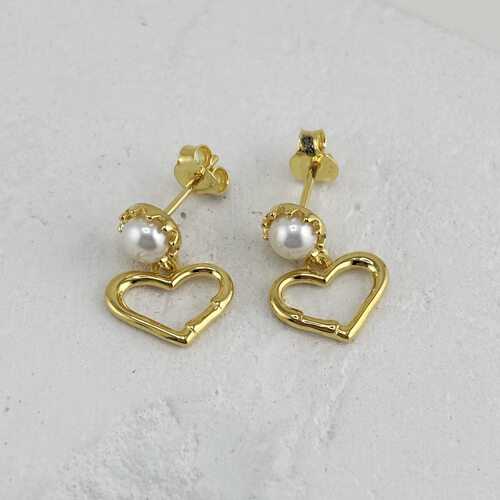 Серьги "Сердца" с жемчугом из серебра 925 пробы с позолотой