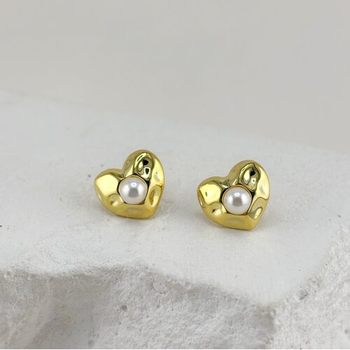 Серьги "Сердца" с жемчугом из серебра 925 пробы с позолотой