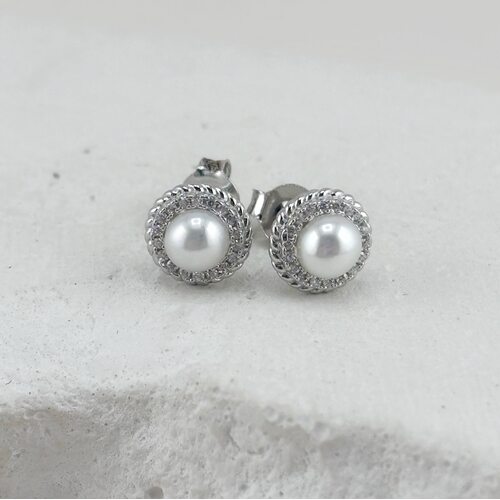 Серьги с жемчугом и фианитами из серебра 925 пробы