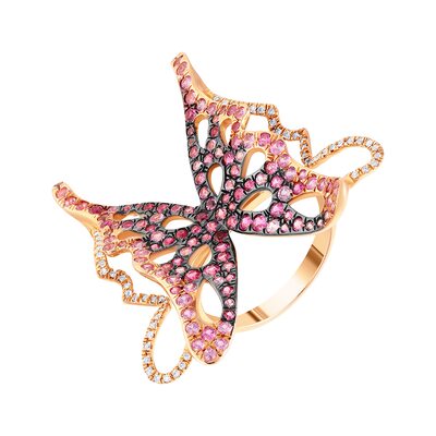 Кольцо "Бабочка" с бриллиантами и сапфирами из розового золота 585 пробы