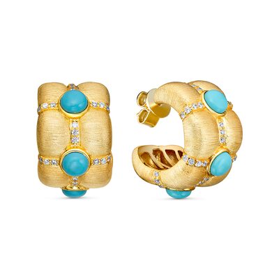 Серьги с фианитами и бирюзой из серебра 925 пробы с позолотой