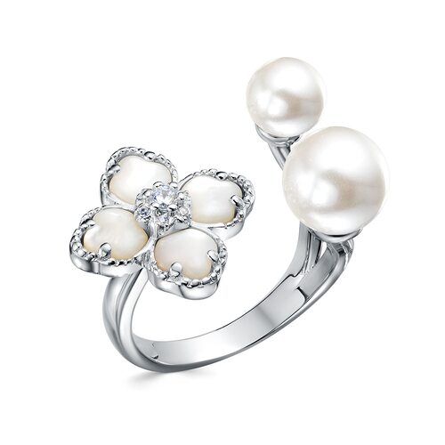 Кольцо "Цветок" с фианитами, перламутром и жемчугом из серебра 925 пробы