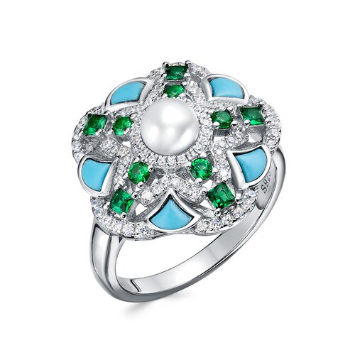 Кольцо с фианитами, бирюзой и жемчугом из серебра 925 пробы