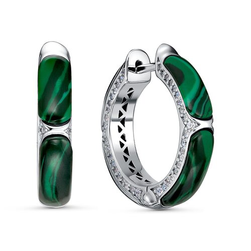 Серьги с фианитами и малахитом из серебра 925 пробы