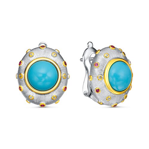 Серьги с фианитами и бирюзой из серебра 925 пробы с позолотой