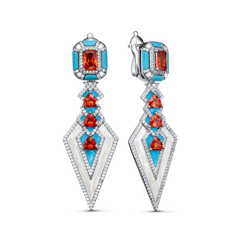 Серьги с фианитами, бирюзой, перламутром и эмалью из серебра 925 пробы