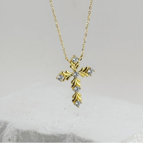 Колье "Крест" с фианитами из серебра 925 пробы с позолотой арт. HSE0482
