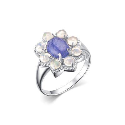 Кольцо "Цветок" с опалом и танзанитами из серебра 925 пробы