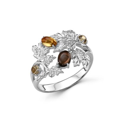 Кольцо "Листья" с раух-топазом и цитринами из серебра 925 пробы