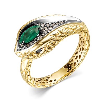 Кольцо "Змея" с изумрудами и коньячными бриллиантами из золота 585 пробы