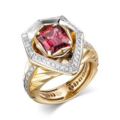 Кольцо с турмалином и бриллиантами из золота 585 пробы