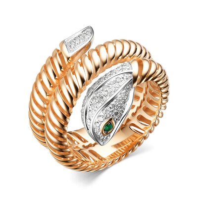 Кольцо "Змея" с бриллиантами и изумрудами из золота 585 пробы