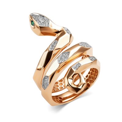 Кольцо "Змея" с бриллиантами и изумрудами из золота 585 пробы