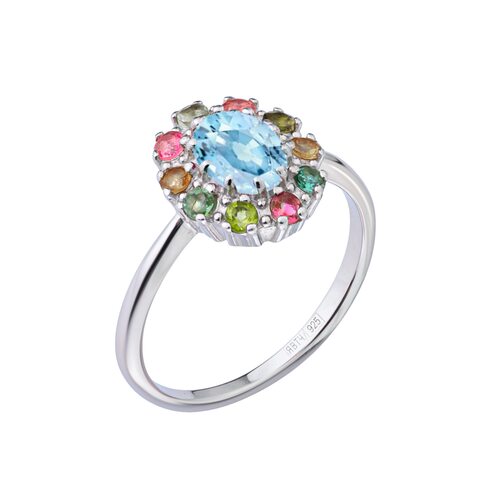 Кольцо с аквамарином и турмалинами из серебра 925 пробы