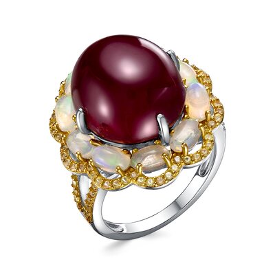 Кольцо с корундом, опалами и сапфирами из серебра 925 пробы