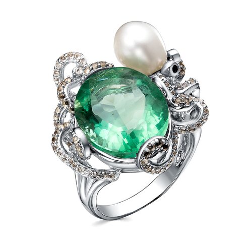 Кольцо с флюоритом, топазами, шпинелью и жемчугом из серебра 925 пробы