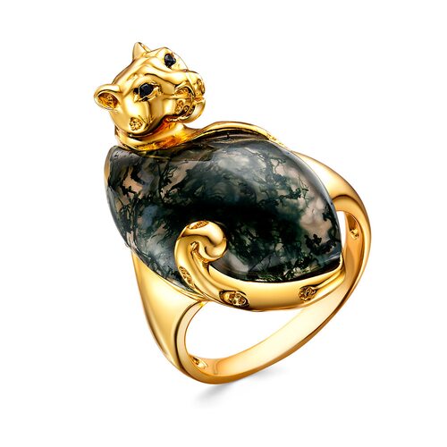 Кольцо "Пантера" с водным агатом и шпинелью из серебра 925 пробы с позолотой
