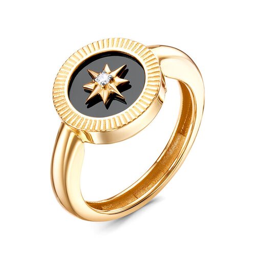 Кольцо с ониксом и фианитом из золота 585 пробы