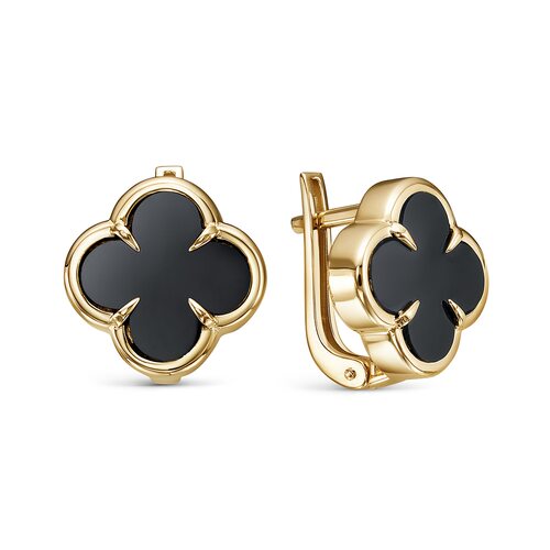 Серьги "Клевер" с ониксом из желтого золота 585 пробы