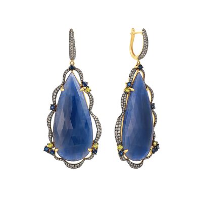 Серьги с корундами, сапфирами и бриллиантами из желтого золота 585 пробы