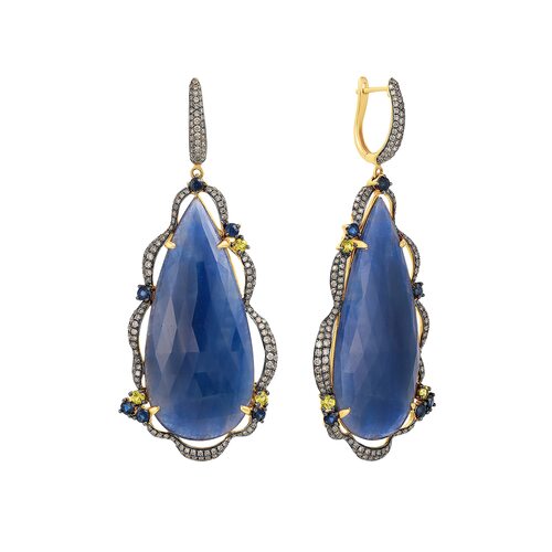 Серьги с корундами, сапфирами и бриллиантами из желтого золота 585 пробы