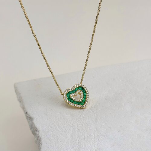 Колье "Сердце" с изумрудами и бриллиантами из желтого золота 585 пробы