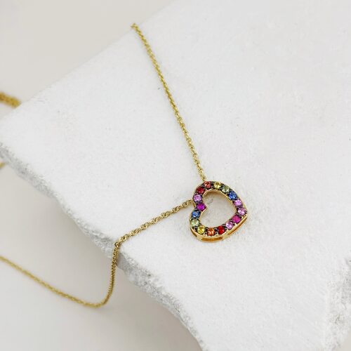 Колье "Сердце" с сапфирами и рубинами из желтого золота 585 пробы