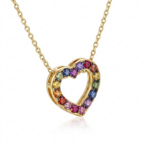 Колье "Сердце" с сапфирами и рубинами из желтого золота 585 пробы