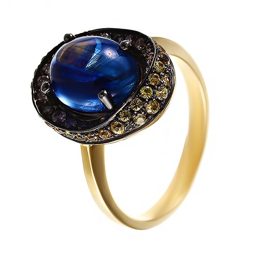 Кольцо с кианитом, сапфирами и бриллиантами из желтого золота 585 пробы