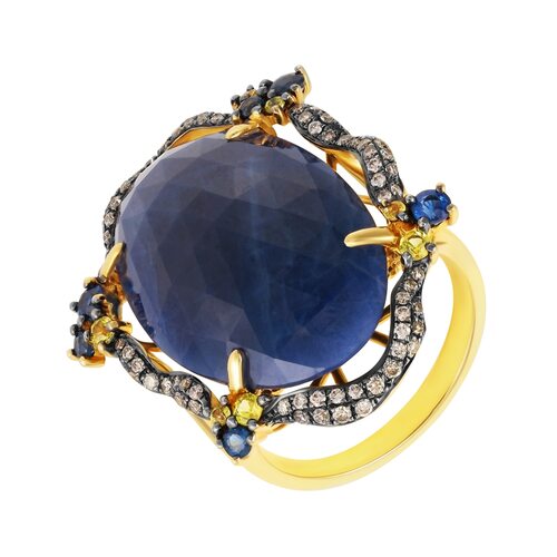 Кольцо с корундом, сапфирами и бриллиантами из желтого золота 585 пробы