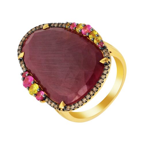 Кольцо с бриллиантами, сапфирами и корундом из желтого золота 585 пробы