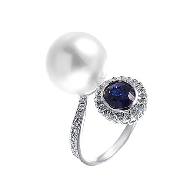 Кольцо с жемчугом, сапфиром и бриллиантами из белого золота 585 пробы
